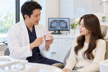 歯の模型を使って説明する歯科医師