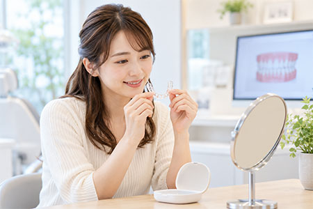 保定装置を装着する女性